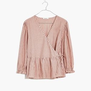 Madewell Puff-Sleeve Peplum Wrap Top in Stripe